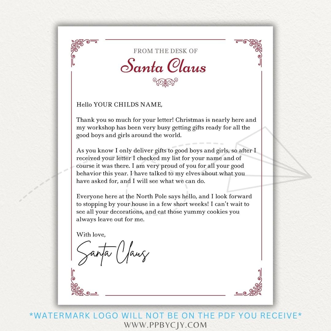 Personalized Letter from Santa Claus Printable PDF Template with festive holiday design, editable name field, and a special message from Santa.