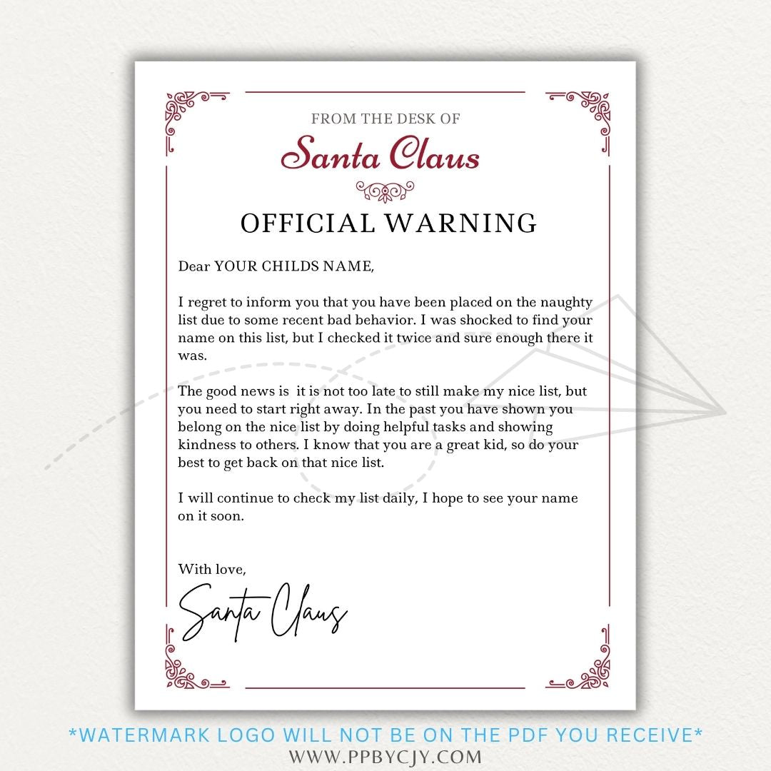 Personalized Santa Warning Letter Printable PDF Template with festive design, customizable name field, and a reminder from Santa Claus.