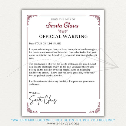 Personalized Santa Warning Letter Printable PDF Template with festive design, customizable name field, and a reminder from Santa Claus.