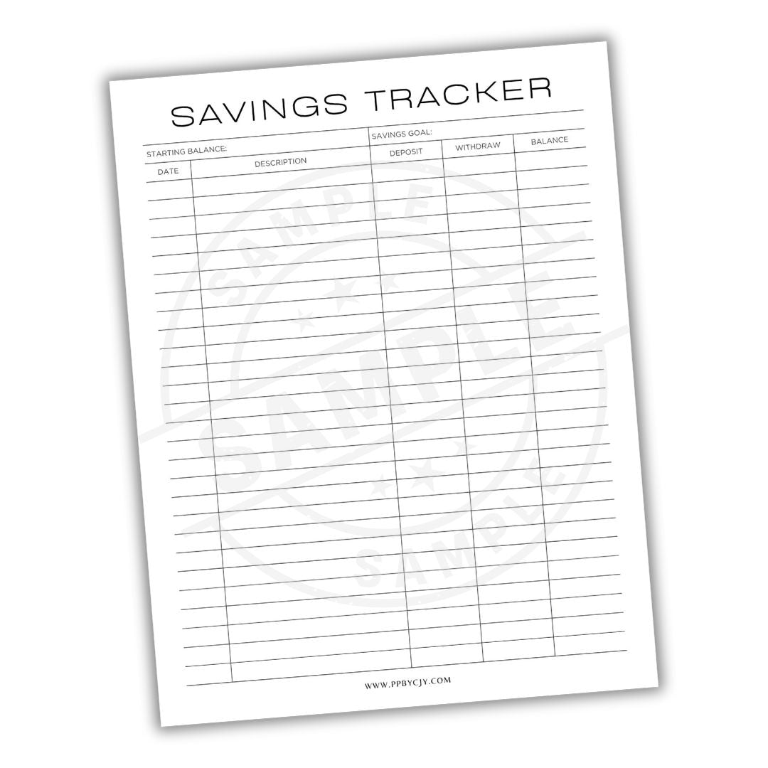 Savings tracker sheet with columns for balance, description, deposit, withdraw, and balance.