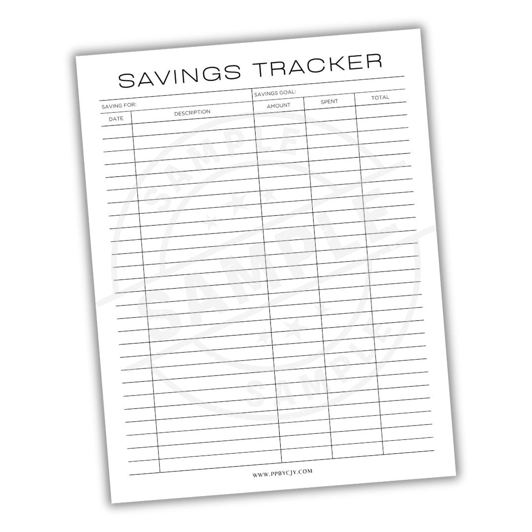 Savings tracker sheet with columns for date, description, savings goal, amount, and total.