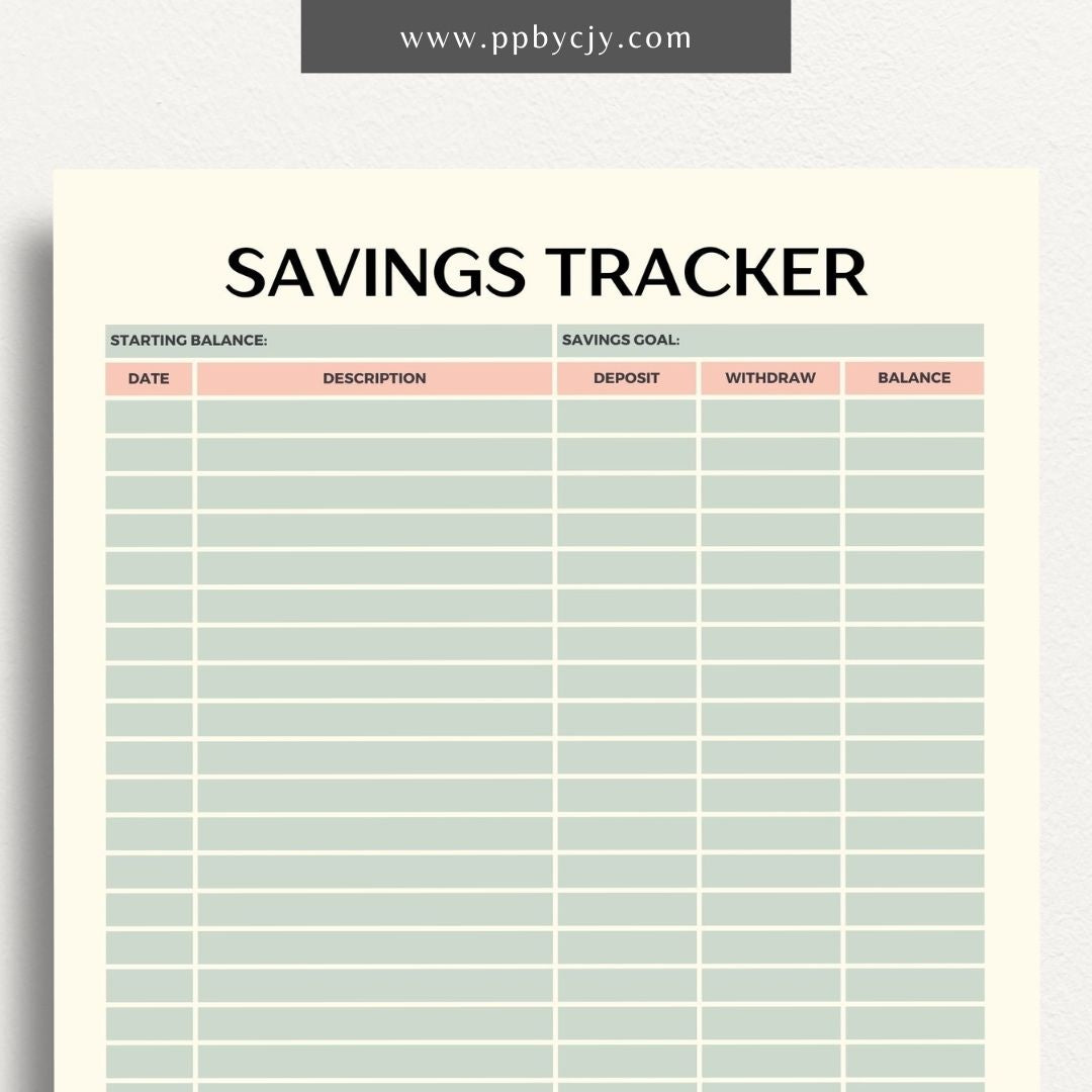 Savings Tracker Printable Template – Digital download for recording and monitoring your savings goals, contributions, and progress