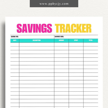 Savings Tracker Printable Template – Digital download for recording and monitoring your savings goals, contributions, and progress