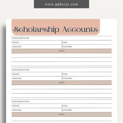 Scholarship Account List Printable Template – Digital download for tracking and managing details of scholarship applications, awards, and deadlines