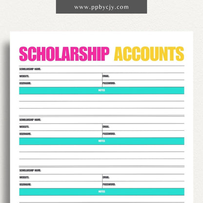 Scholarship Account List Printable Template – Digital download for tracking and managing details of scholarship applications, awards, and deadlines