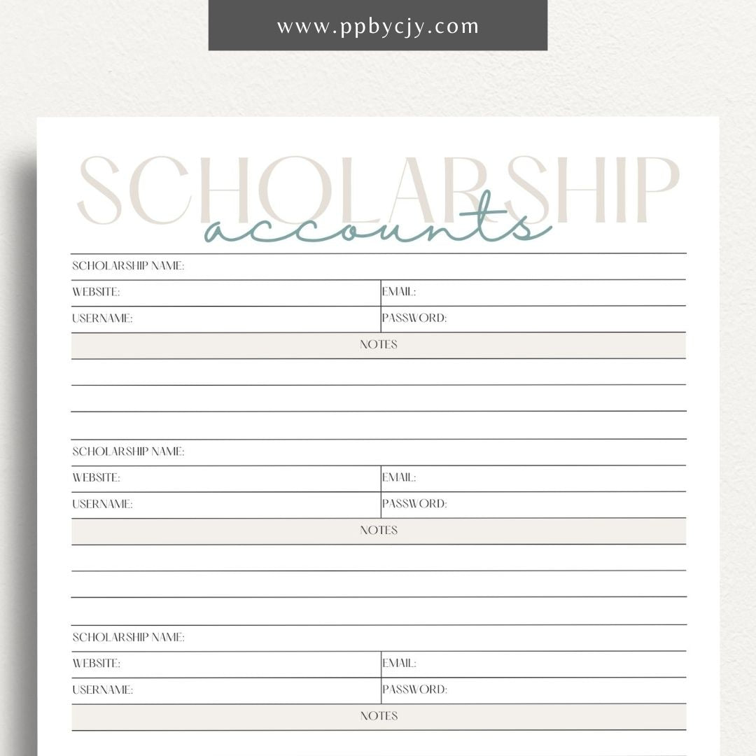 Scholarship Account List Printable Template – Digital download for tracking and managing details of scholarship applications, awards, and deadlines