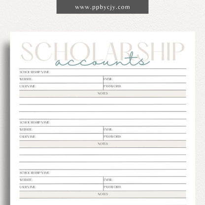 Scholarship Account List Printable Template – Digital download for tracking and managing details of scholarship applications, awards, and deadlines