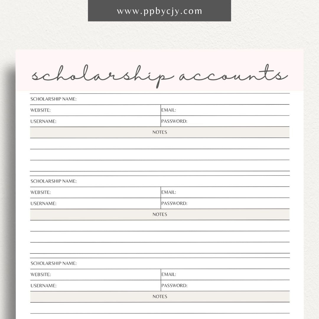 Scholarship Account List Printable Template – Digital download for tracking and managing details of scholarship applications, awards, and deadlines