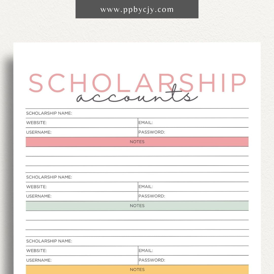 Scholarship Account List Printable Template – Digital download for tracking and managing details of scholarship applications, awards, and deadlines