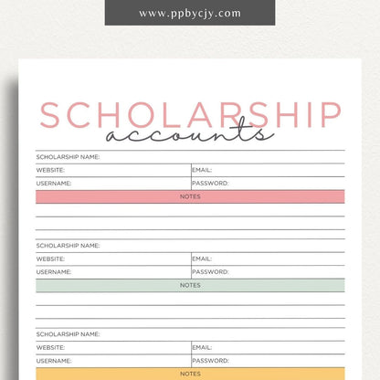 Scholarship Account List Printable Template – Digital download for tracking and managing details of scholarship applications, awards, and deadlines