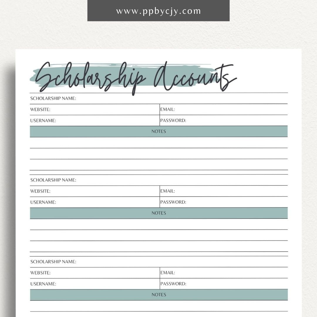 Scholarship Account List Printable Template – Digital download for tracking and managing details of scholarship applications, awards, and deadlines