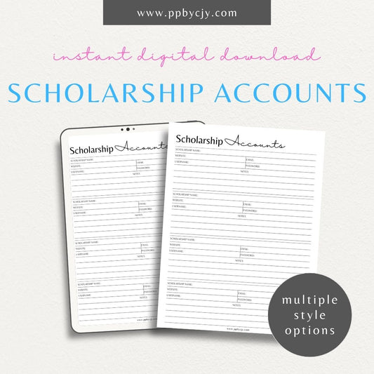 Scholarship Account List Printable Template – Digital download for tracking and managing details of scholarship applications, awards, and deadlines