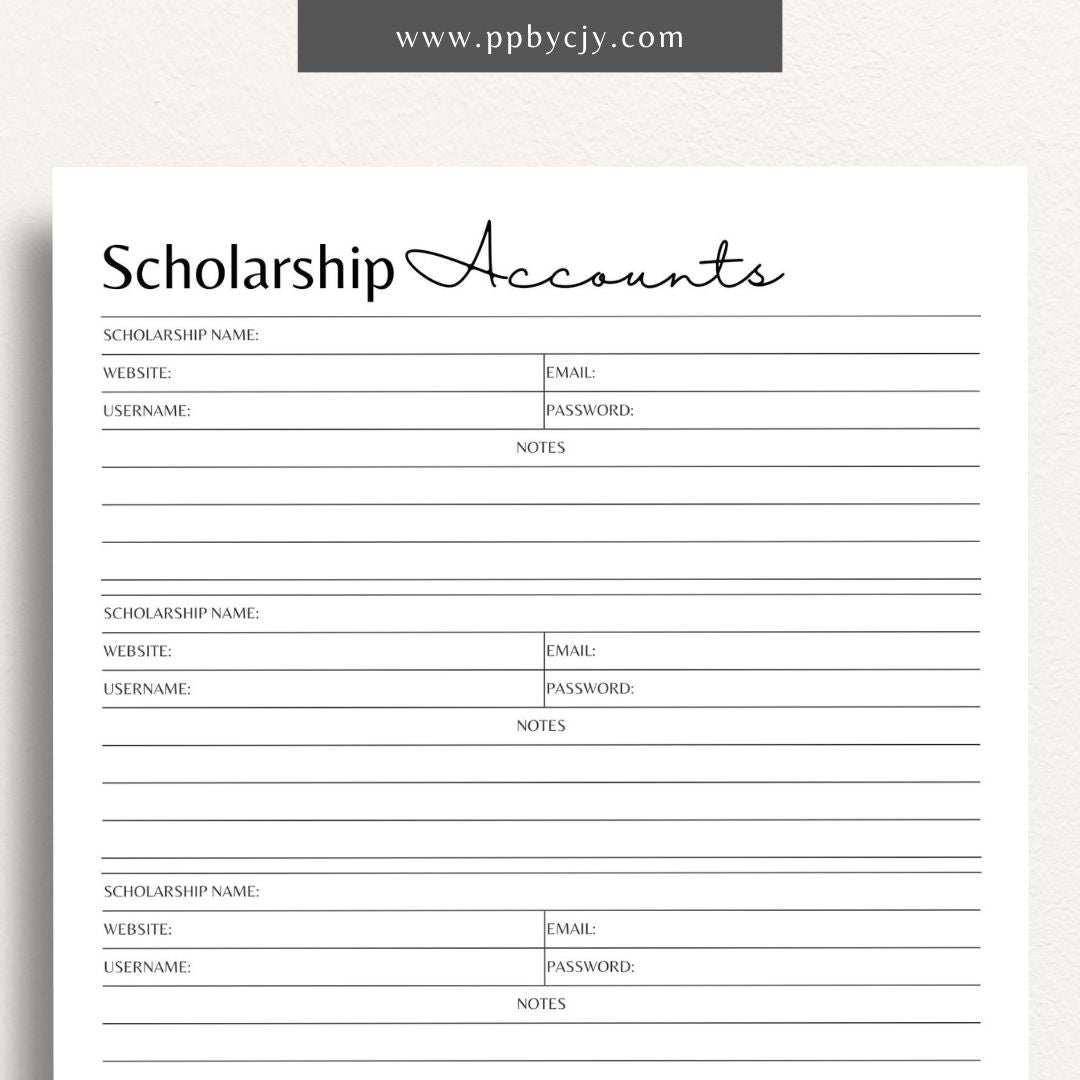 Scholarship Account List Printable Template – Digital download for tracking and managing details of scholarship applications, awards, and deadlines