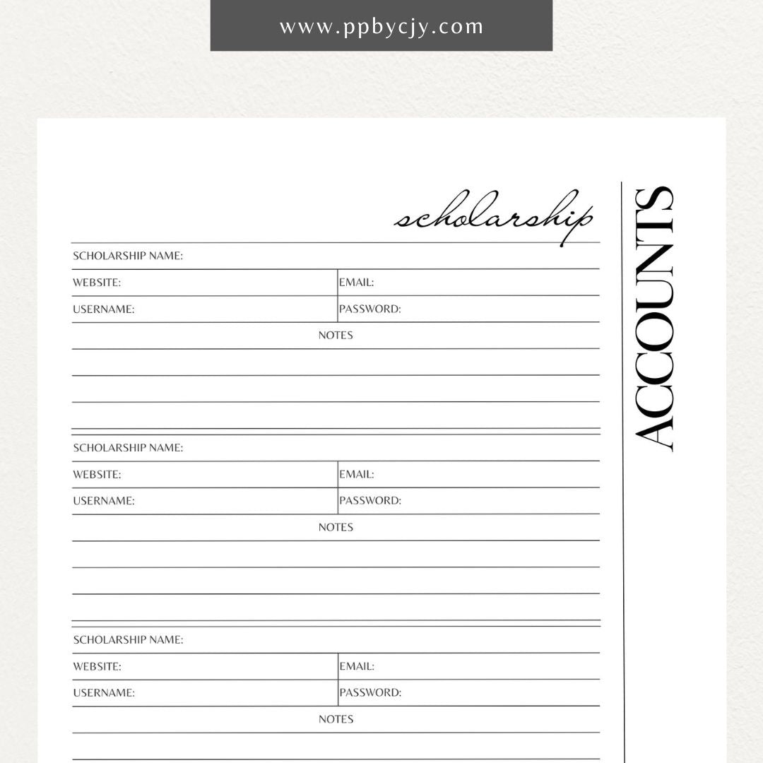 Scholarship Account List Printable Template – Digital download for tracking and managing details of scholarship applications, awards, and deadlines