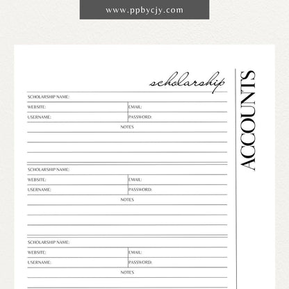 Scholarship Account List Printable Template – Digital download for tracking and managing details of scholarship applications, awards, and deadlines