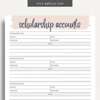 Scholarship Account List Printable Template – Digital download for tracking and managing details of scholarship applications, awards, and deadlines