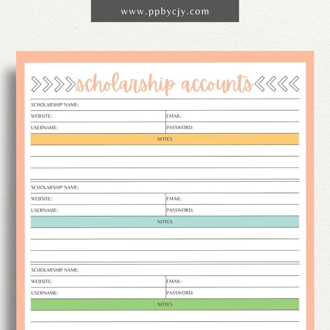 Scholarship Account List Printable Template – Digital download for tracking and managing details of scholarship applications, awards, and deadlines