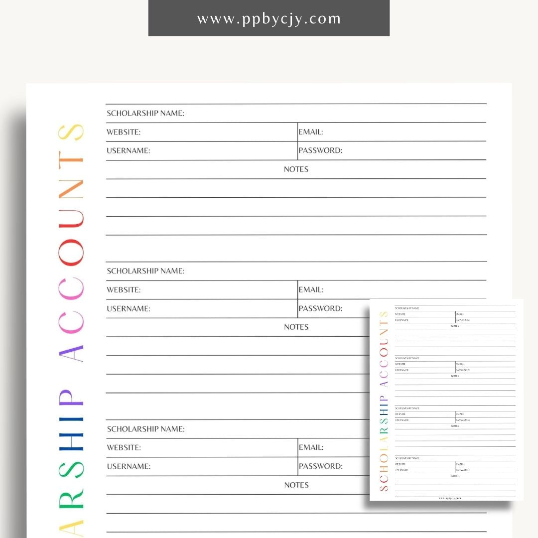 Scholarship Account List Printable Template – Digital download for tracking and managing details of scholarship applications, awards, and deadlines