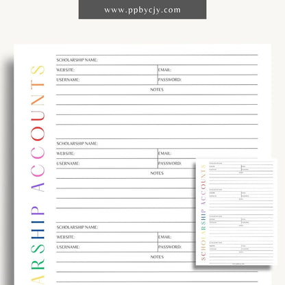 Scholarship Account List Printable Template – Digital download for tracking and managing details of scholarship applications, awards, and deadlines