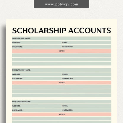 Scholarship Account List Printable Template – Digital download for tracking and managing details of scholarship applications, awards, and deadlines