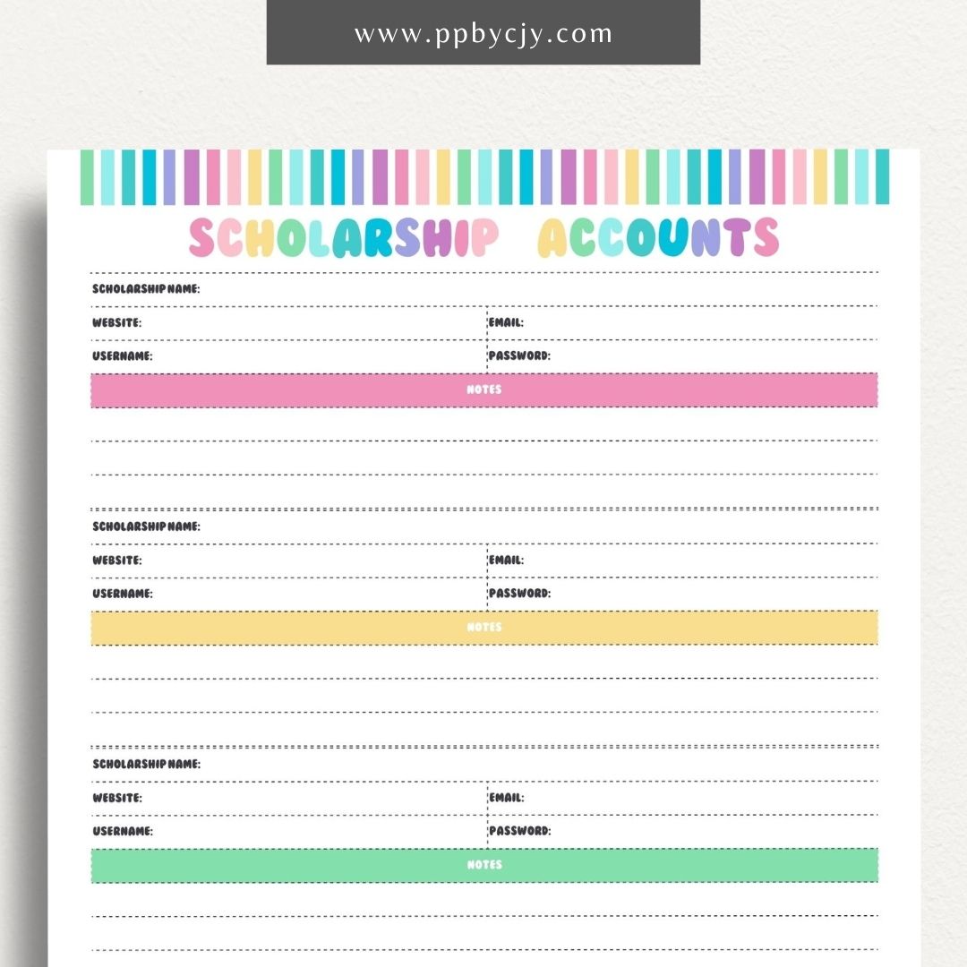 Scholarship Account List Printable Template – Digital download for tracking and managing details of scholarship applications, awards, and deadlines