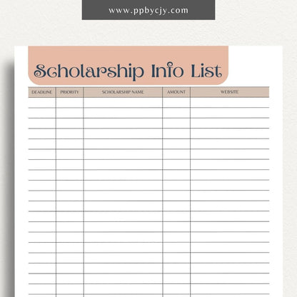 Scholarship Information Printable Template – Digital download for documenting and organizing details about scholarship opportunities, requirements, and application statuses