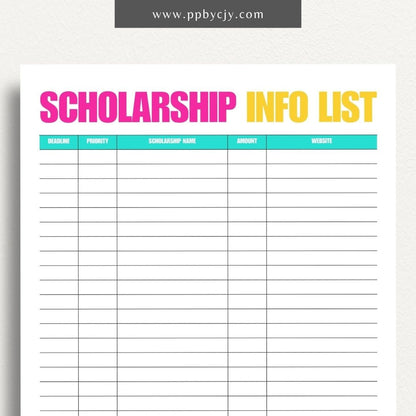 Scholarship Information Printable Template – Digital download for documenting and organizing details about scholarship opportunities, requirements, and application statuses