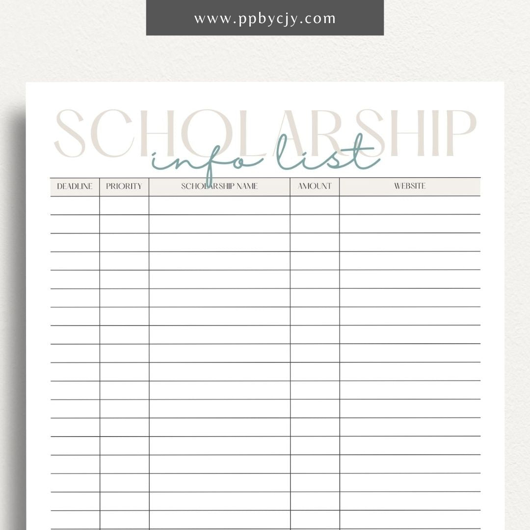 Scholarship Information Printable Template – Digital download for documenting and organizing details about scholarship opportunities, requirements, and application statuses