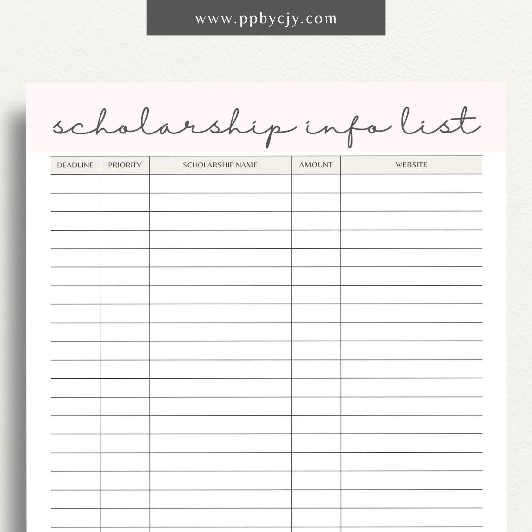 Scholarship Information Printable Template – Digital download for documenting and organizing details about scholarship opportunities, requirements, and application statuses