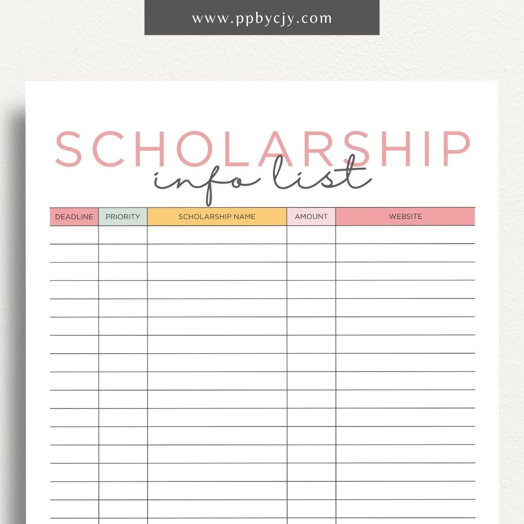 Scholarship Information Printable Template – Digital download for documenting and organizing details about scholarship opportunities, requirements, and application statuses