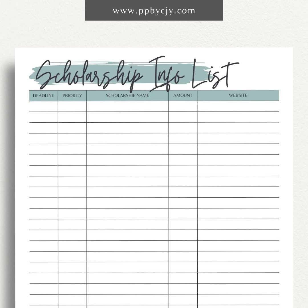 Scholarship Information Printable Template – Digital download for documenting and organizing details about scholarship opportunities, requirements, and application statuses