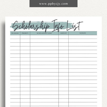 Scholarship Information Printable Template – Digital download for documenting and organizing details about scholarship opportunities, requirements, and application statuses