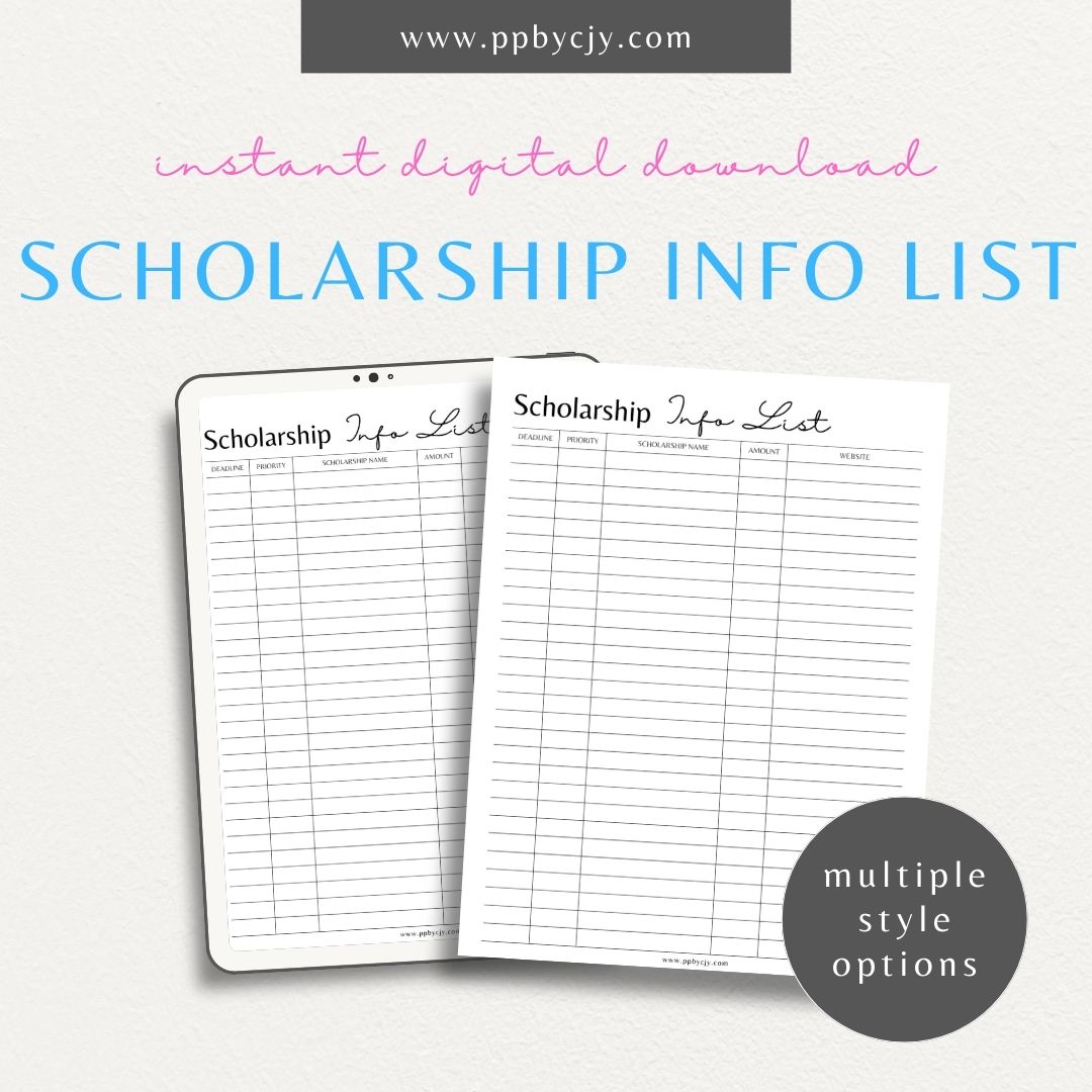 Scholarship Information Printable Template – Digital download for documenting and organizing details about scholarship opportunities, requirements, and application statuses