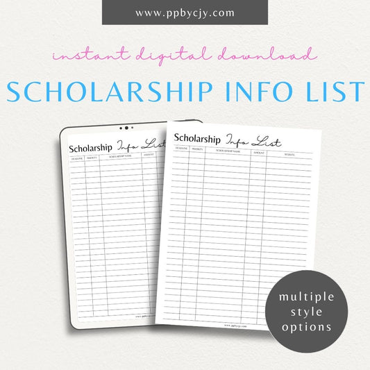 Scholarship Information Printable Template – Digital download for documenting and organizing details about scholarship opportunities, requirements, and application statuses