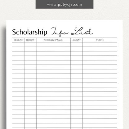 Scholarship Information Printable Template – Digital download for documenting and organizing details about scholarship opportunities, requirements, and application statuses