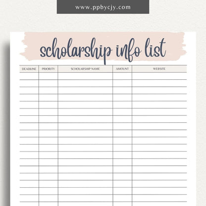 Scholarship Information Printable Template – Digital download for documenting and organizing details about scholarship opportunities, requirements, and application statuses