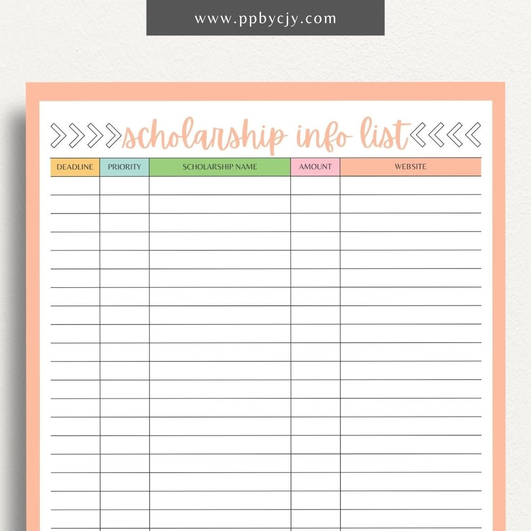 Scholarship Information Printable Template – Digital download for documenting and organizing details about scholarship opportunities, requirements, and application statuses