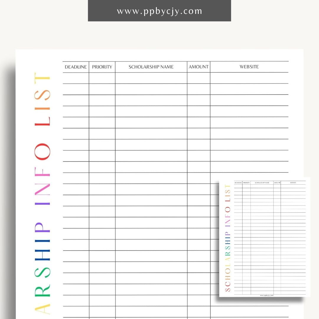 Scholarship Information Printable Template – Digital download for documenting and organizing details about scholarship opportunities, requirements, and application statuses