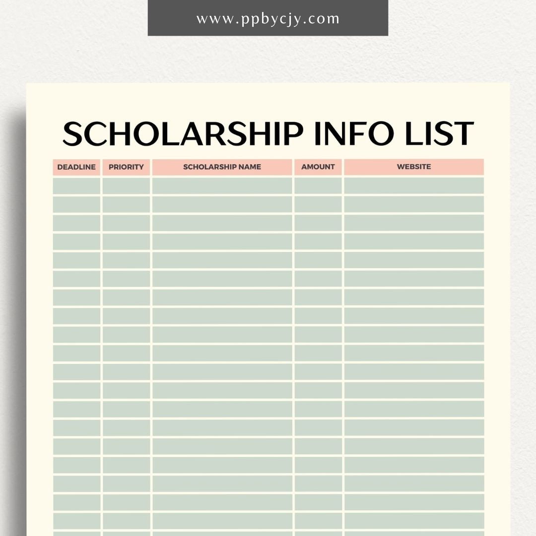 Scholarship Information Printable Template – Digital download for documenting and organizing details about scholarship opportunities, requirements, and application statuses