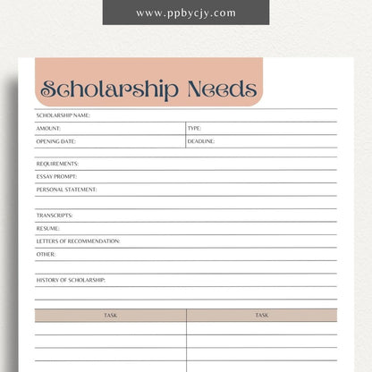 Scholarship Application Tracker Printable Template – Digital download for organizing and managing the status, deadlines, and details of scholarship applications