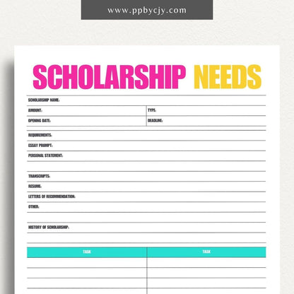 Scholarship Application Tracker Printable Template – Digital download for organizing and managing the status, deadlines, and details of scholarship applications