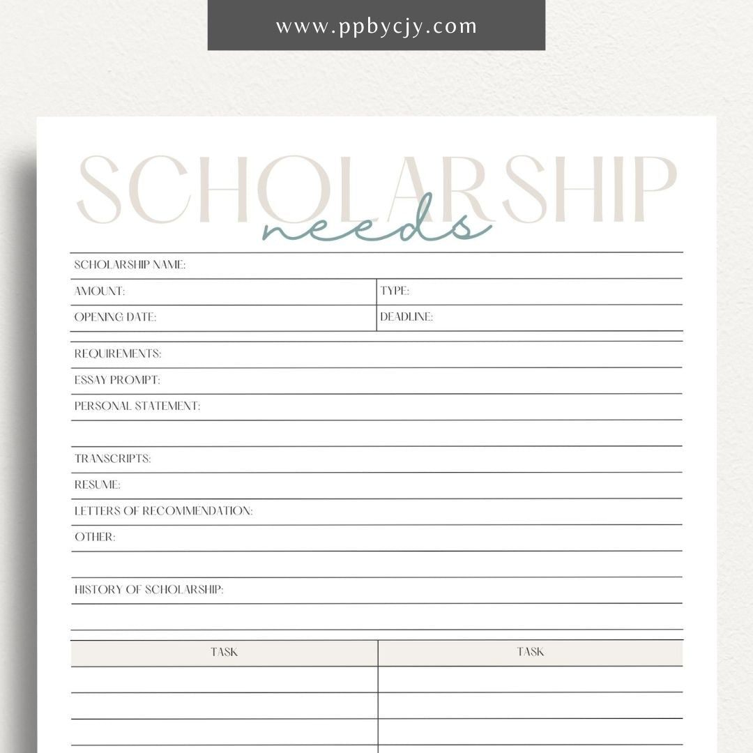 Scholarship Application Tracker Printable Template – Digital download for organizing and managing the status, deadlines, and details of scholarship applications