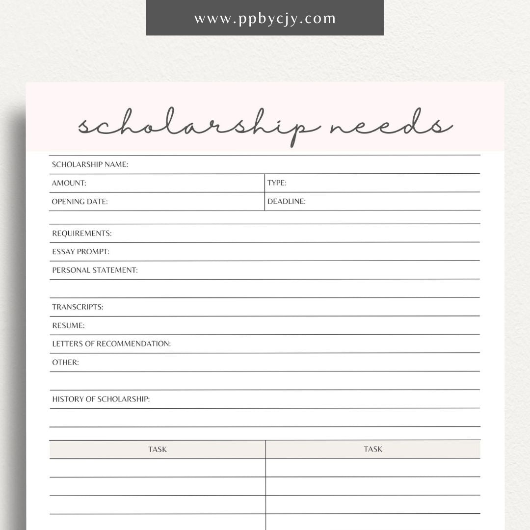 Scholarship Application Tracker Printable Template – Digital download for organizing and managing the status, deadlines, and details of scholarship applications