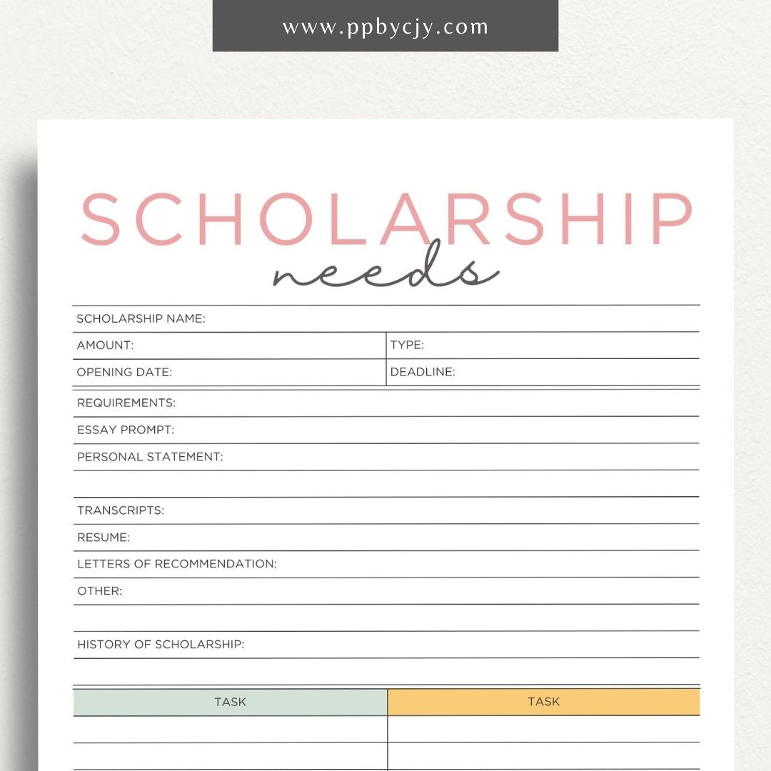 Scholarship Application Tracker Printable Template – Digital download for organizing and managing the status, deadlines, and details of scholarship applications