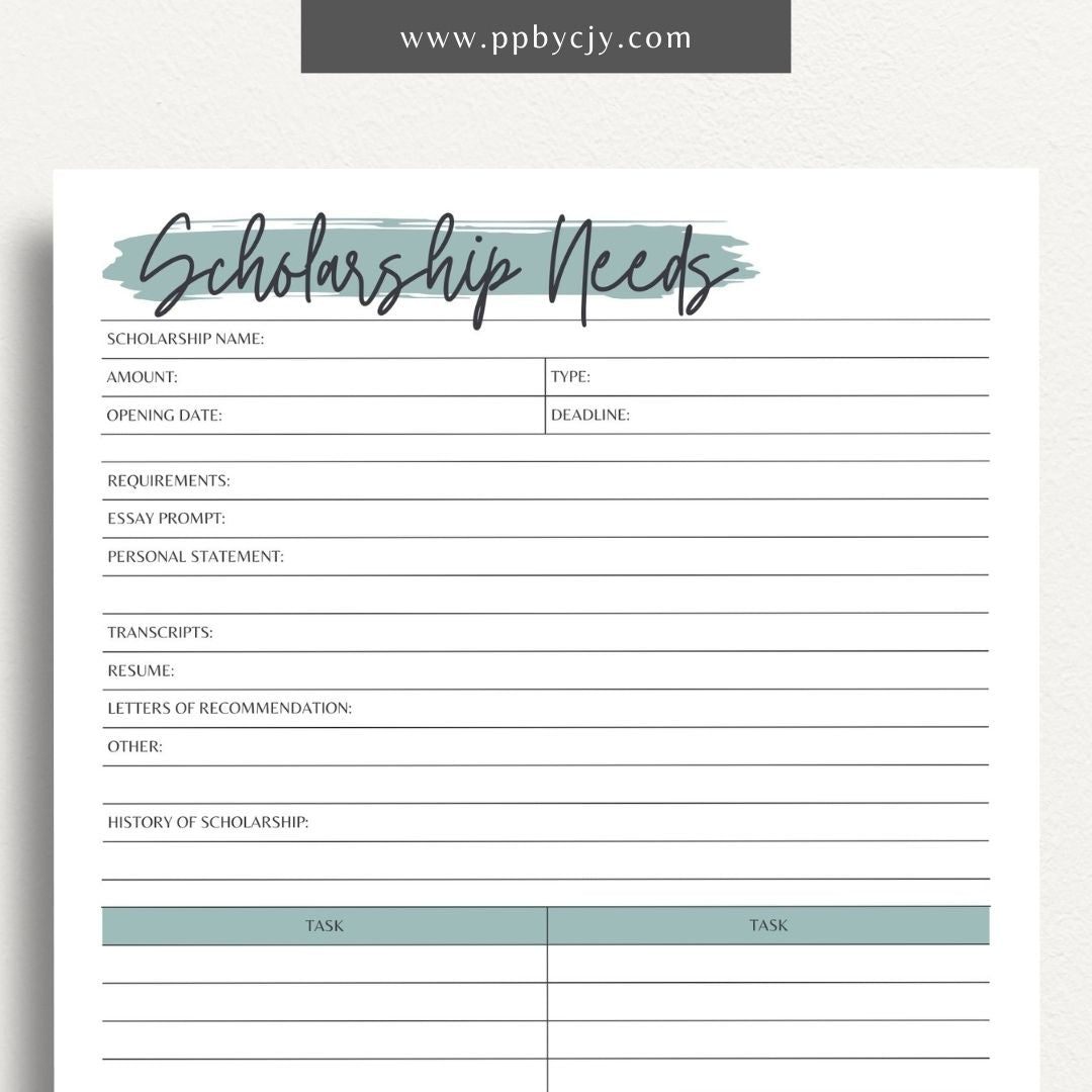 Scholarship Application Tracker Printable Template – Digital download for organizing and managing the status, deadlines, and details of scholarship applications