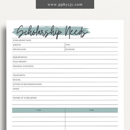 Scholarship Application Tracker Printable Template – Digital download for organizing and managing the status, deadlines, and details of scholarship applications