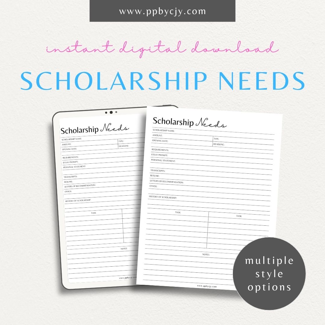 Scholarship Application Tracker Printable Template – Digital download for organizing and managing the status, deadlines, and details of scholarship applications