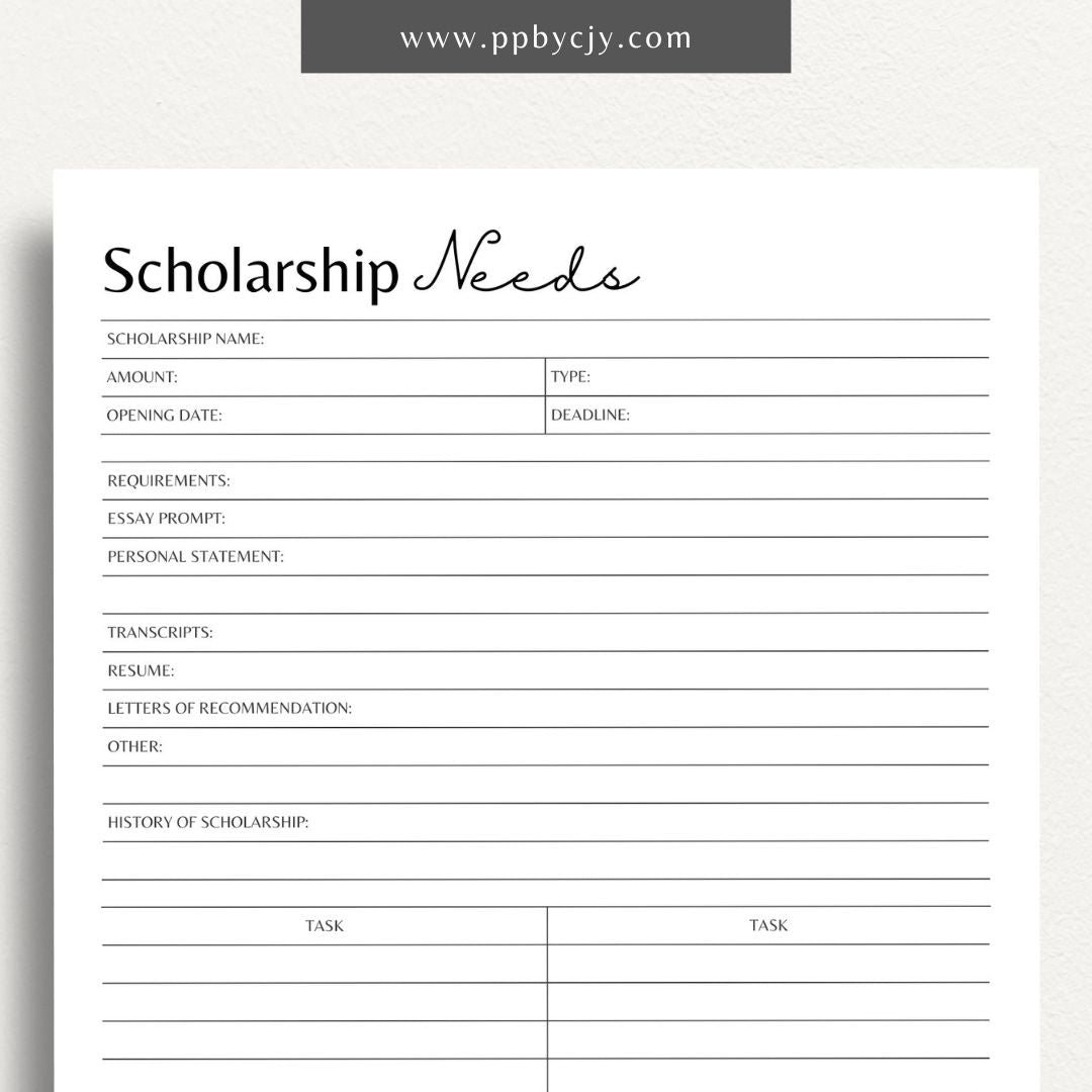 Scholarship Application Tracker Printable Template – Digital download for organizing and managing the status, deadlines, and details of scholarship applications