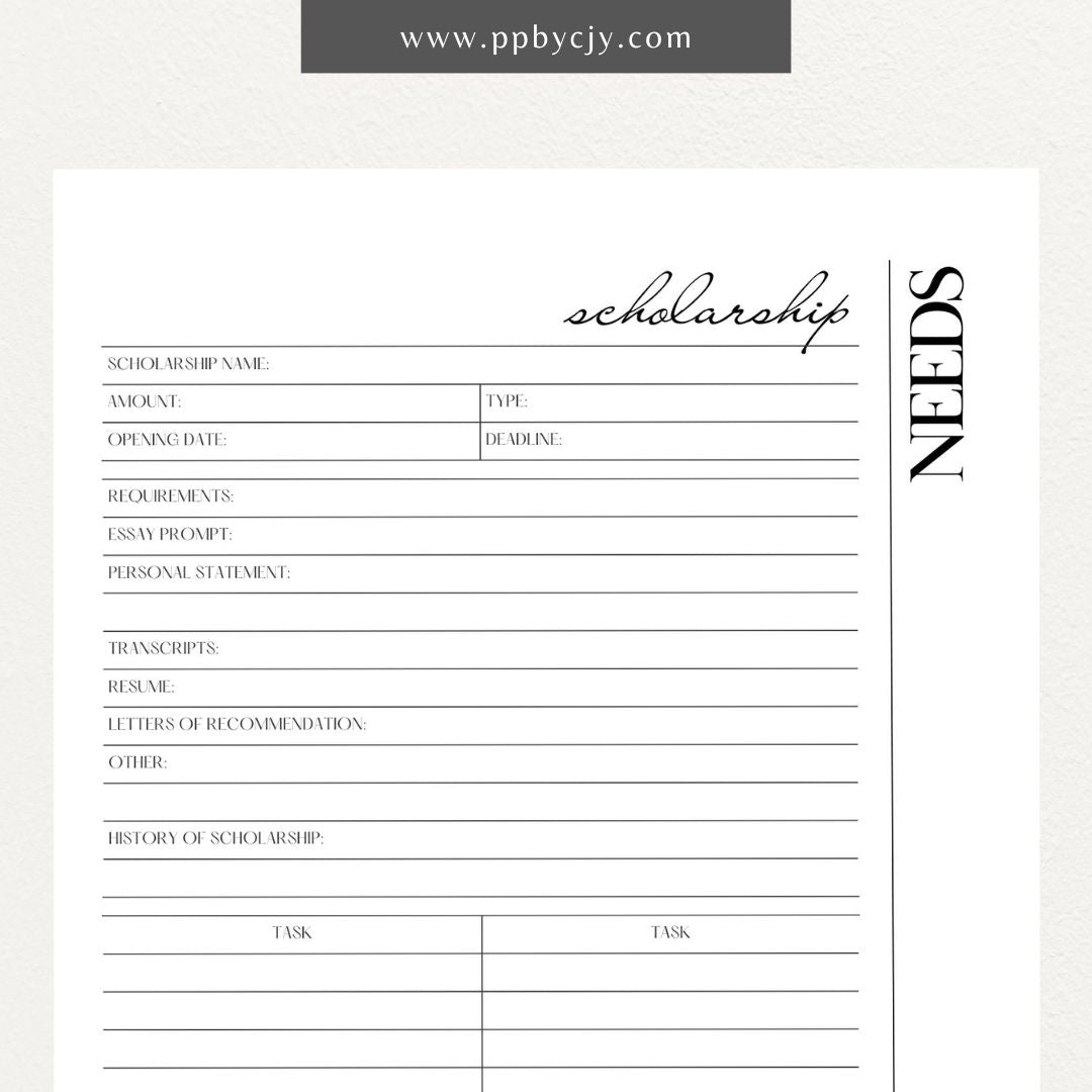 Scholarship Application Tracker Printable Template – Digital download for organizing and managing the status, deadlines, and details of scholarship applications