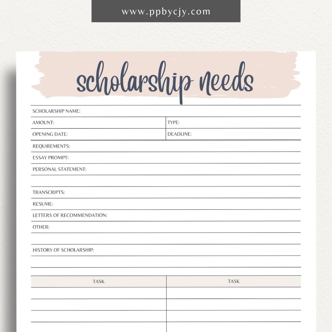 Scholarship Application Tracker Printable Template – Digital download for organizing and managing the status, deadlines, and details of scholarship applications